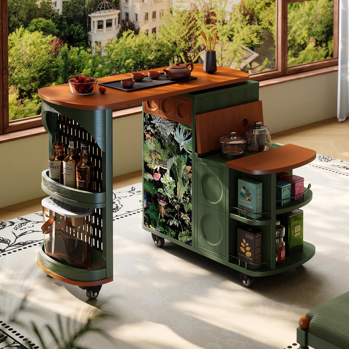 法式复古可移动茶台茶桌中古风旋转茶桌实木移动茶桌边柜万向轮