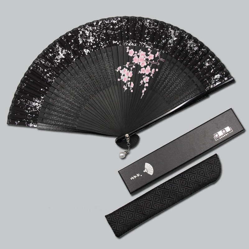 折扇中国风烫银扇子女夏天随身便携流苏小巧扇古风手绘梅花镂空扇