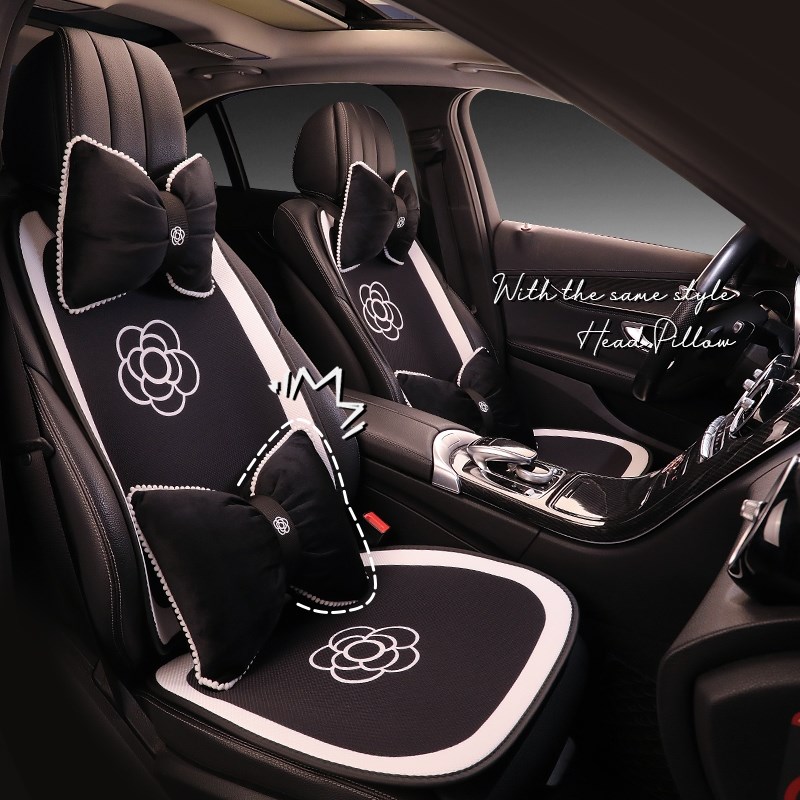 汽车坐垫四季通用山茶花座套可爱女士座垫夏季冰丝座椅套后排靠背