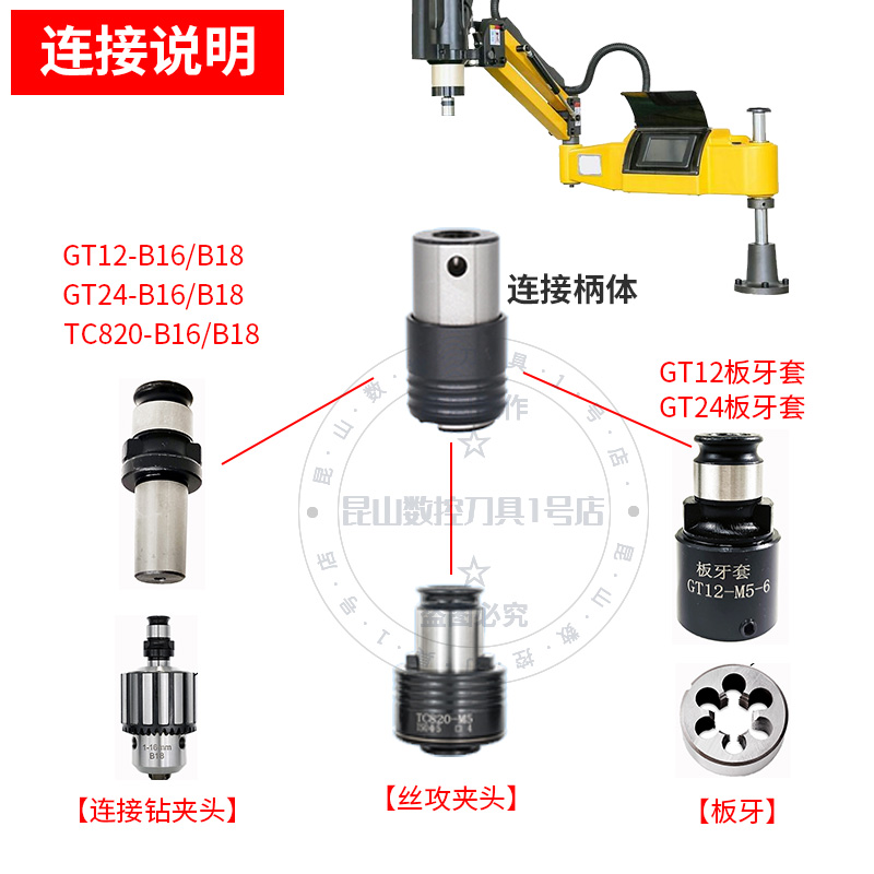 GT12攻丝夹头柄体GT24TC820丝锥快换B12B16B18攻牙机夹头连接套