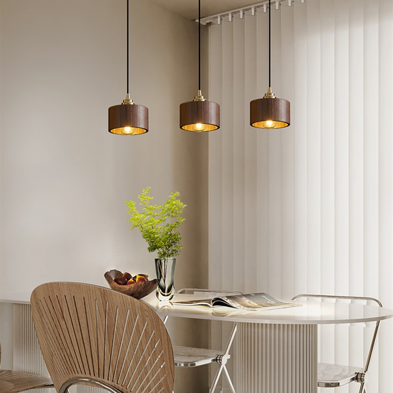餐厅三头吊灯简约胡桃木单头床头灯具实木餐桌茶室原木风新款灯具