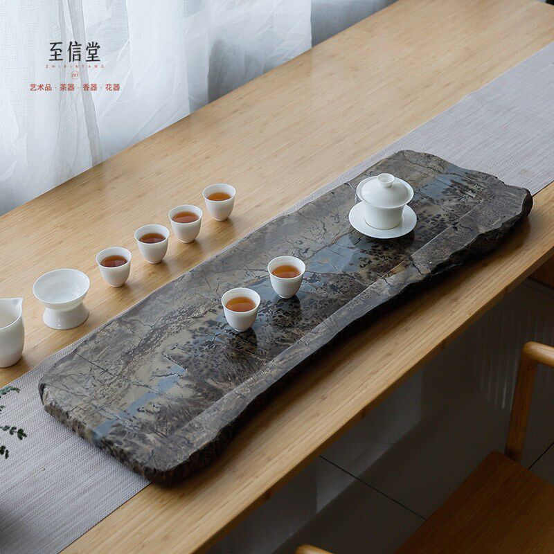 闻石天然国画石头茶盘茶台茶海办公茶盘水茶具装