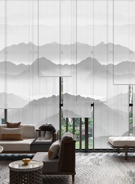 22新款中式挂帘屏风软隔断帘玄关帘客厅升降半透山水画窗帘卷帘