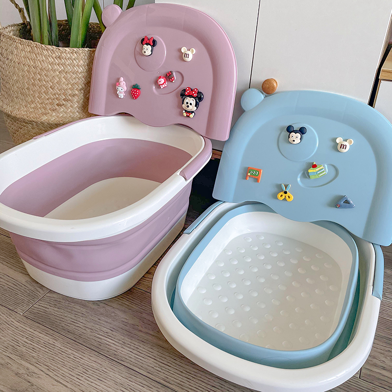 儿童折叠泡脚桶家用带盖保温小孩洗脚桶小号宿舍按摩加高深足浴盆