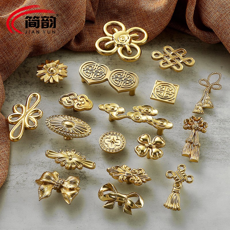 创意中式黄铜现代中国r结欧式抽屉纯铜金色拉手高档轻奢橱柜把手