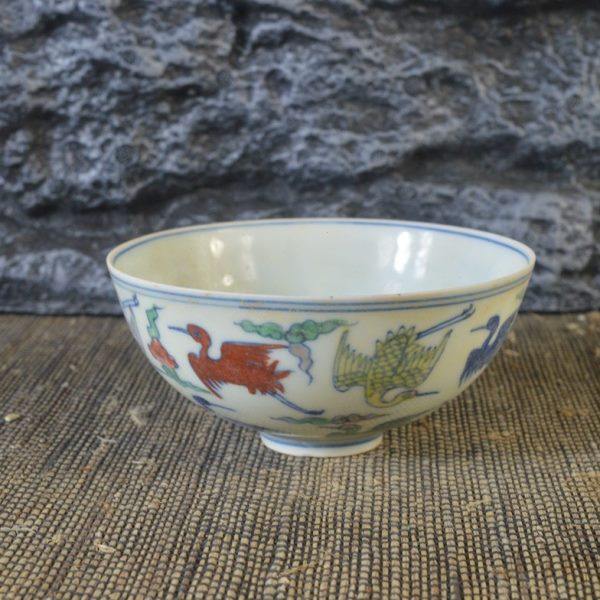 仿古瓷器 复古做旧明成化风格 斗彩仙鹤纹瓷碗 古董古玩摆件收藏