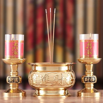 纯铜香炉铜蜡烛台一体家用室内腊焟烛台全铜放烛蜡台拜祭套装一套