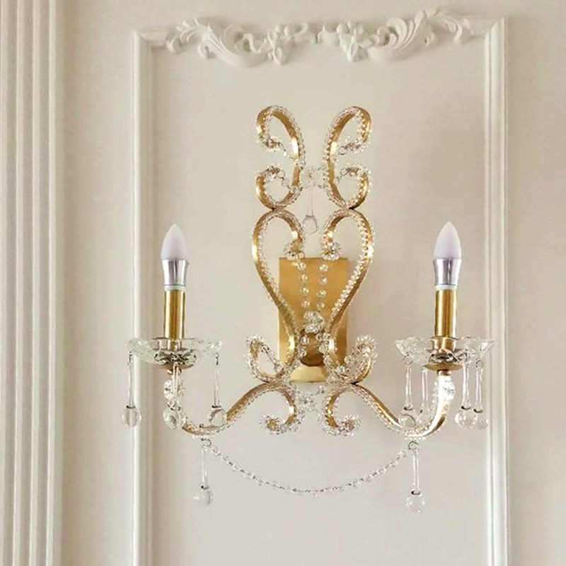 SY轻奢全铜卷花水晶壁灯欧美法式重工别墅客厅背V景墙卧室床头灯