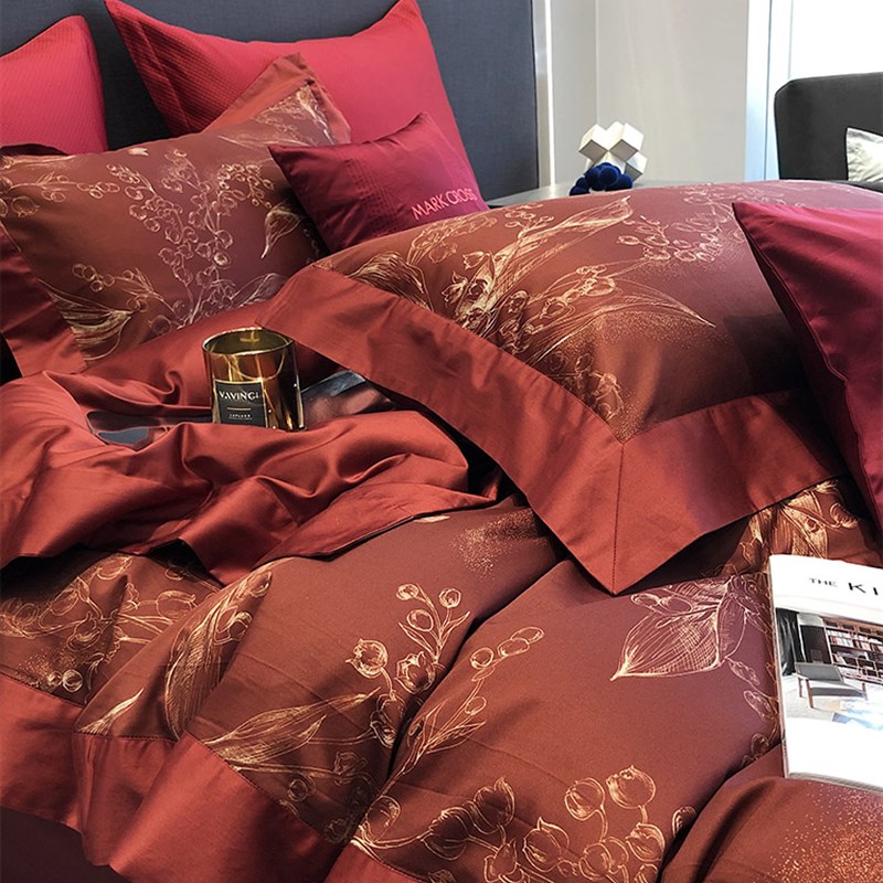 高端婚庆100支长绒棉四件套轻奢数码G印花大红色结婚被套床上用品
