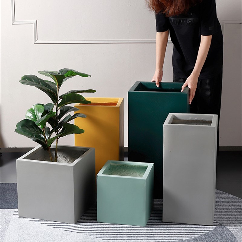 北欧现代彩色四方形绿植特大号水泥落地大花盆Q带托盘室内简约花
