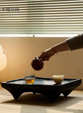 不慌/碳化木实木侘寂风方形小茶几黑色榻榻米矮几飘窗茶台桌做旧