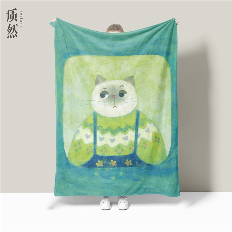 背带绿衣猫可爱办公室午睡毯x学生宿舍毛毯空调盖毯法兰绒沙发毯