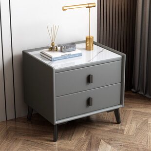 轻奢岩板床头柜皮艺家用简约现代窄边全实木卧室储物柜置物架柜子