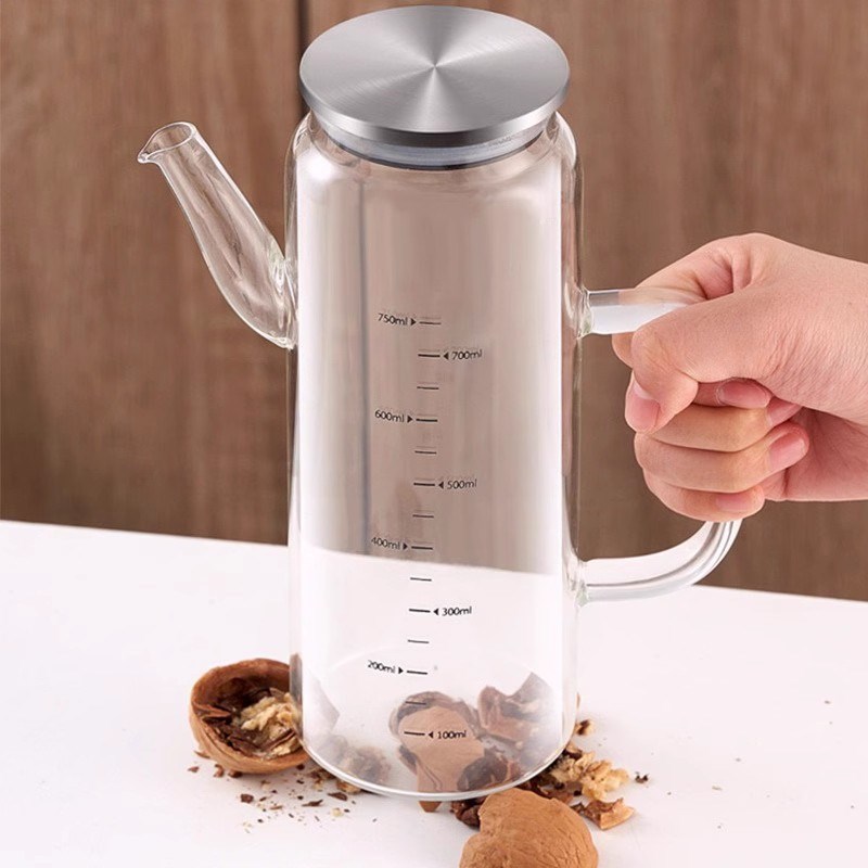 耐热玻璃油壶不挂油带刻度油瓶子家用防漏酱油醋壶不锈钢盖带把手