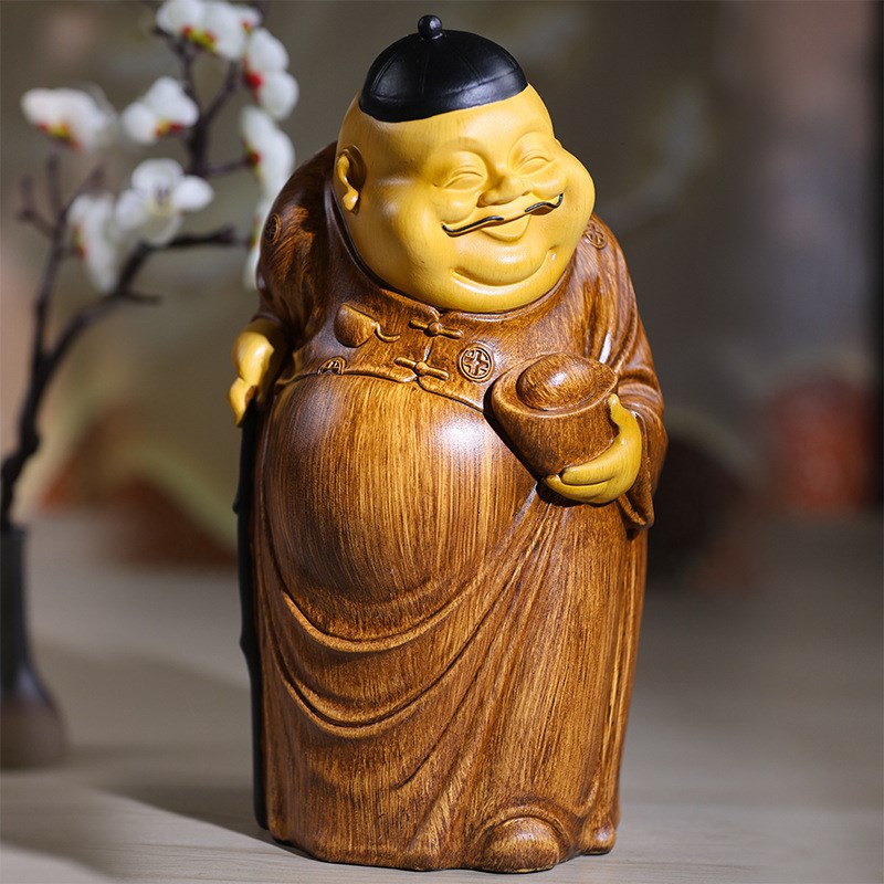 高端中式地主摆件客厅财神爷雕塑仿木雕茶几博古架装饰品桌面摆设