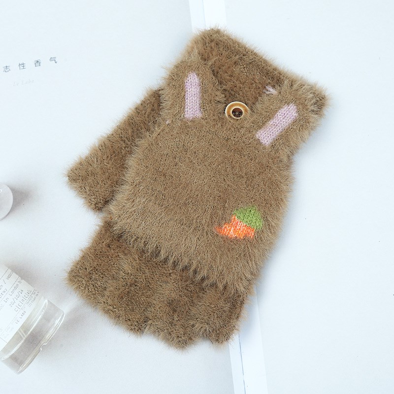 女秋冬季学生儿童半指翻盖卡通萝卜图案毛绒加绒加厚保暖手套