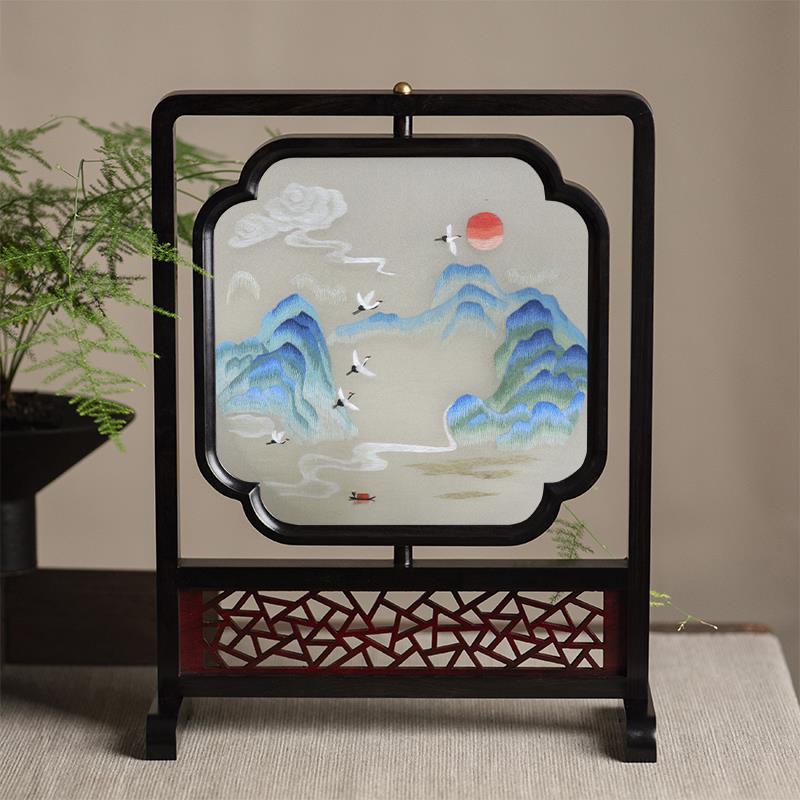 苏绣小摆件工艺品礼品中式桌面摆台小屏风苏州手工成品双面绣台屏