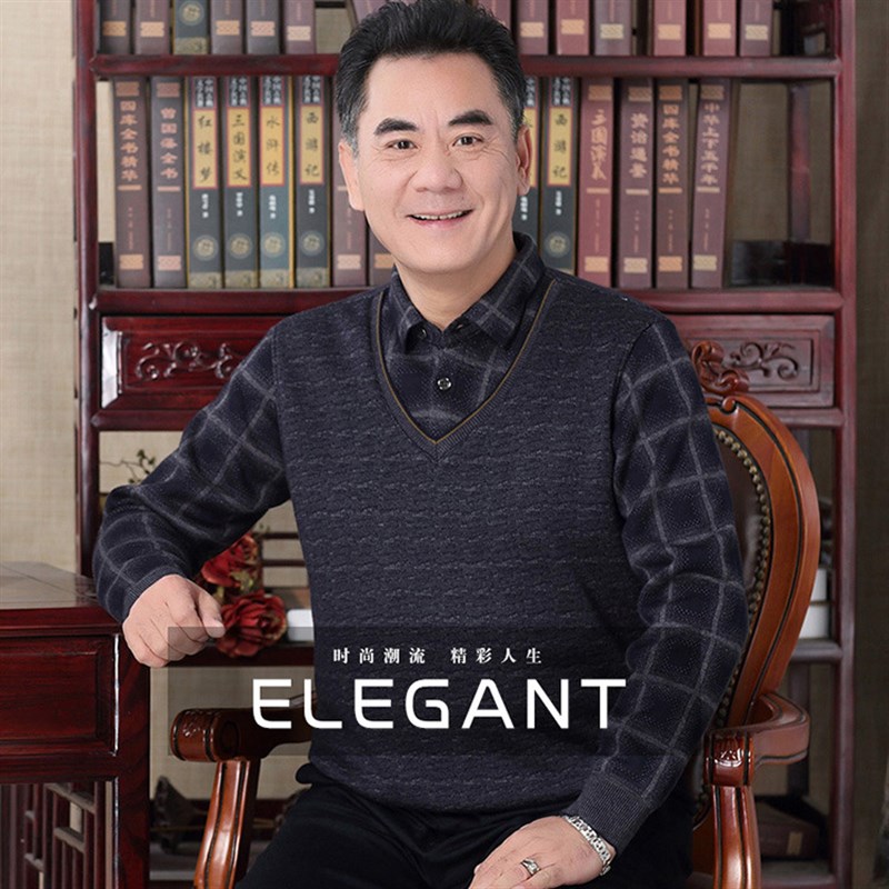 中年加绒加厚毛衣l男中老年男装假两件体恤衫爸爸冬装针织保暖上