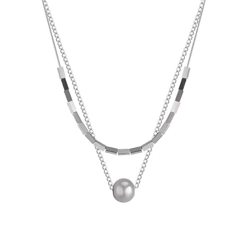 双层钛钢圆珠方块项链配饰男女不掉E色高级感卫衣链简约百搭毛衣