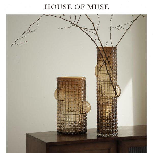 缪斯家 手工琉璃花器金属网格做旧玻璃花瓶客厅玄关艺术摆件花插