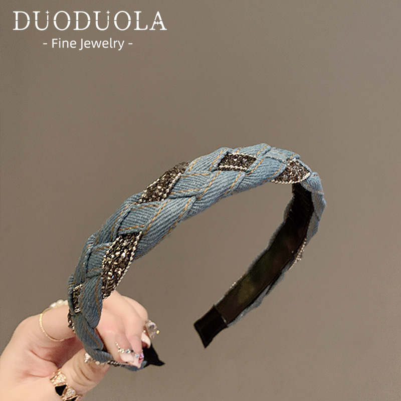 牛仔蓝色水钻缠绕发箍韩系带齿防滑时G尚麻花辫头箍法式复古优雅