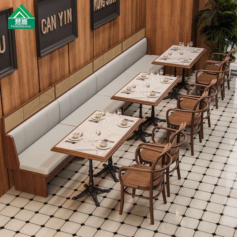 主题餐厅西餐厅靠墙卡座沙发茶餐厅轻食店实木藤编餐桌椅组合商用