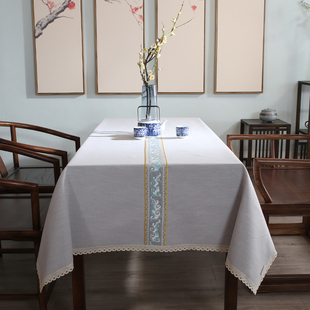 刺绣仿亚麻棉麻风中国风H茶几桌布长方形台布餐桌 桌布布艺新中式