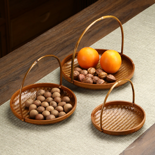 竹编大漆手提竹篮点心篮首饰篮置物篮子竹制摆件装 饰篮竹质托盘子