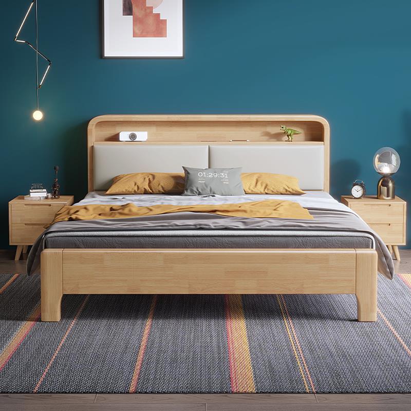 北欧全实木床1.8软靠带灯usb1.5m/1.35m现代简约小户型1.2储物床