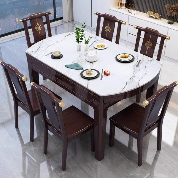 新中式实木岩板餐桌椅家用大小户型现代简约伸缩折叠饭桌可变圆桌