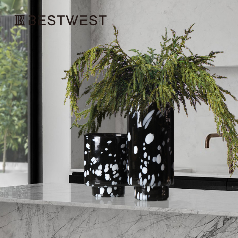博西家居 黑白水墨直筒柱状水培玻璃花瓶样板间花器软装饰品花器