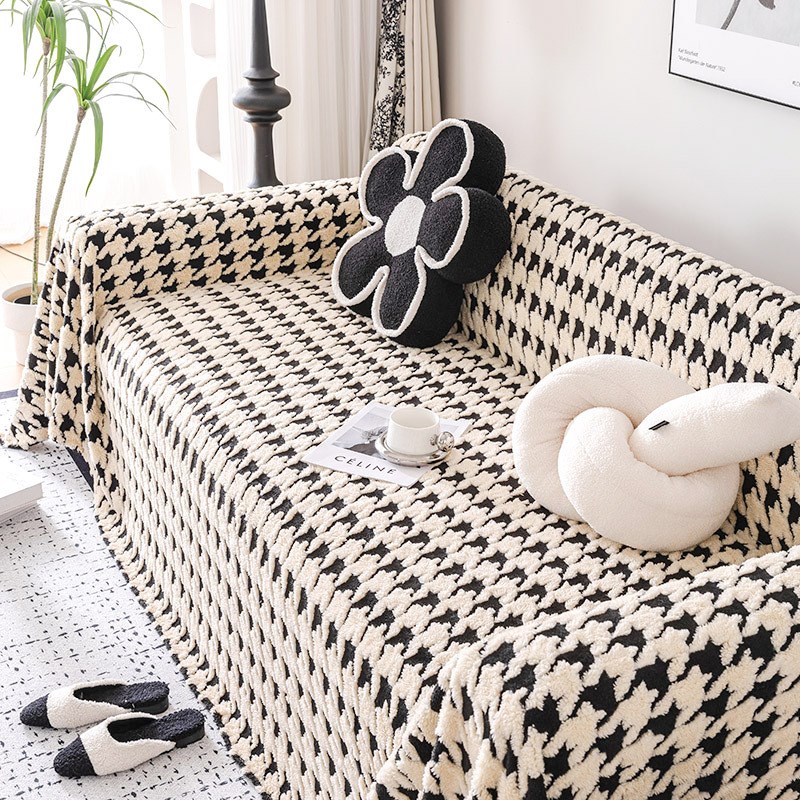 黑色轻奢高级感冬季千鸟格毛绒沙发盖布沙发巾沙发坐垫套罩盖毯子