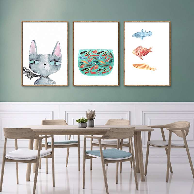 北欧餐厅装饰画饭厅餐桌创意挂画小清新现代简约客厅壁画猫和鱼图片