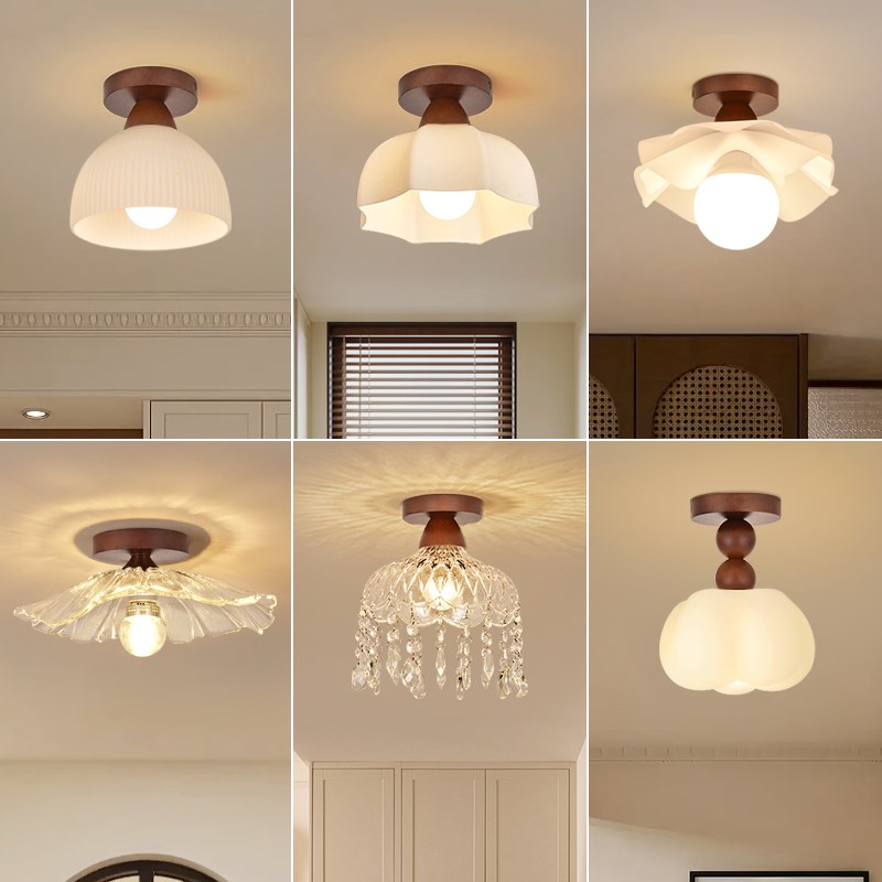 过道灯北欧复古实木阳台走廊灯卧室中古风花朵衣帽间X玄关小吸顶