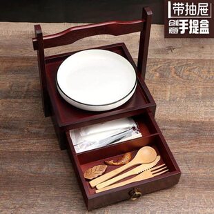 竹制复古中式点心提盒带抽屉创意收纳盒摆台意境菜盘酒店餐具高端
