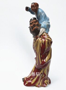 石湾公仔陶瓷家居装饰摆件客厅桌面纯手工刘传印章红釉钟馗送子