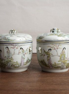 清代老式陶瓷工笔罐猪油罐糖罐带盖味精调味储物罐家用辣椒油罐盐