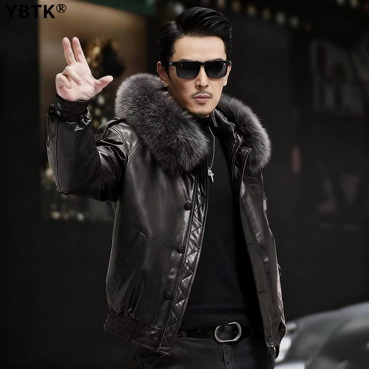 高端真皮皮衣男短款连帽可脱卸鹅绒内胆羽绒服外套山羊皮夹克皮草