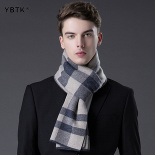 鄂尔多斯市100羊毛围巾男士2025年冬季新款时尚百搭格纹送礼围脖