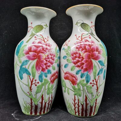 大清光绪年制重工粉彩花开富贵花鸟纹花瓶古瓷老货古典家居装饰品