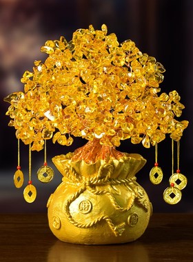 黄水晶摇钱树摆件小招p财树家居创意酒柜家装饰品客厅电视柜发财