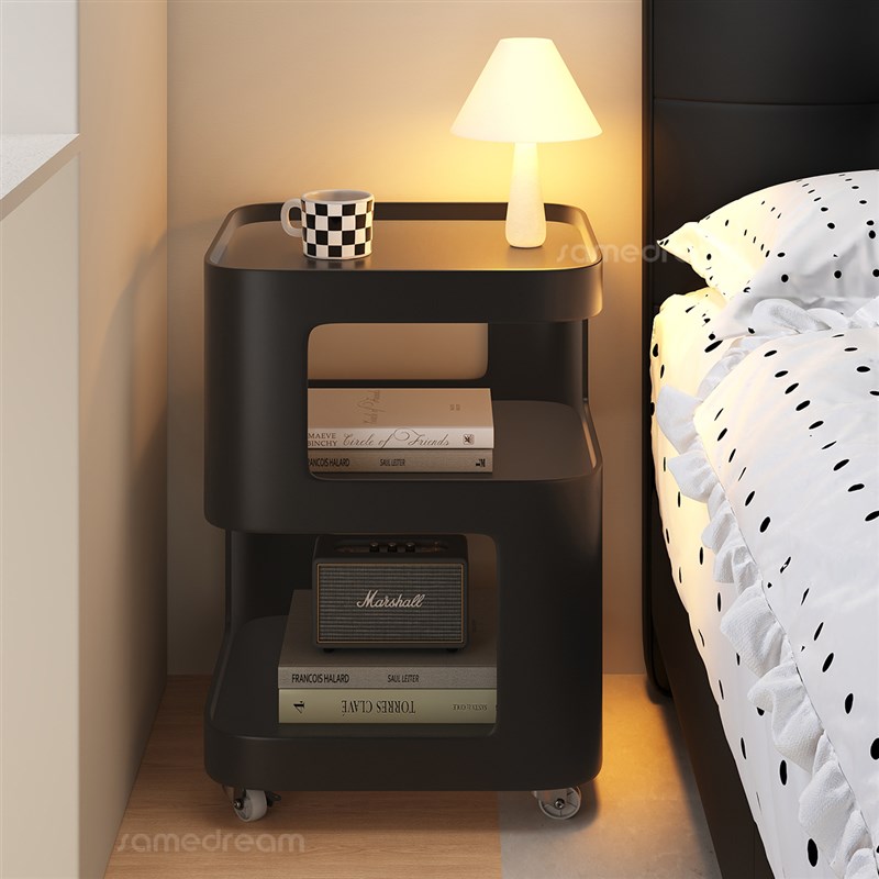 三梦小型铁艺床头柜黑色s家用卧室简易可移动带灯置物架替代品边
