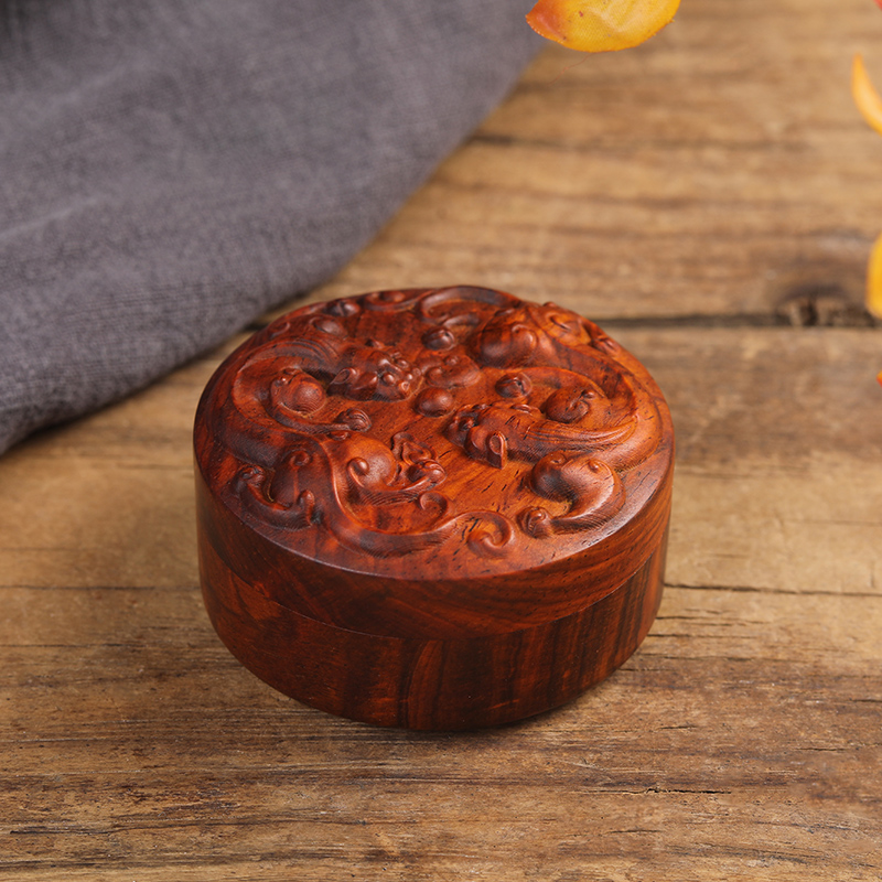 微凹黄檀螭龙纹小圆n盒红木戒指盒中式复古乳牙收纳耳钉首饰品盒