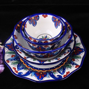 新疆喀什手工彩绘高端陶瓷碗盘炒面拌面抓饭盘子奶茶汤饭酸奶碗厚