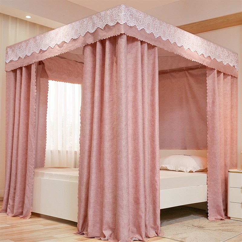 家用卧室遮光床帘蚊帐一体式加厚保暖防尘小清新公主风落地1.0m