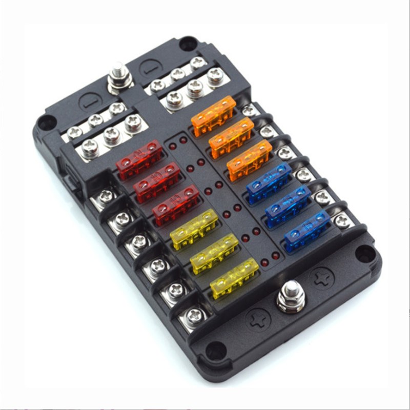 汽车船保险座带LElD灯螺丝插片保险盒12路正负极改装多路保险丝盒