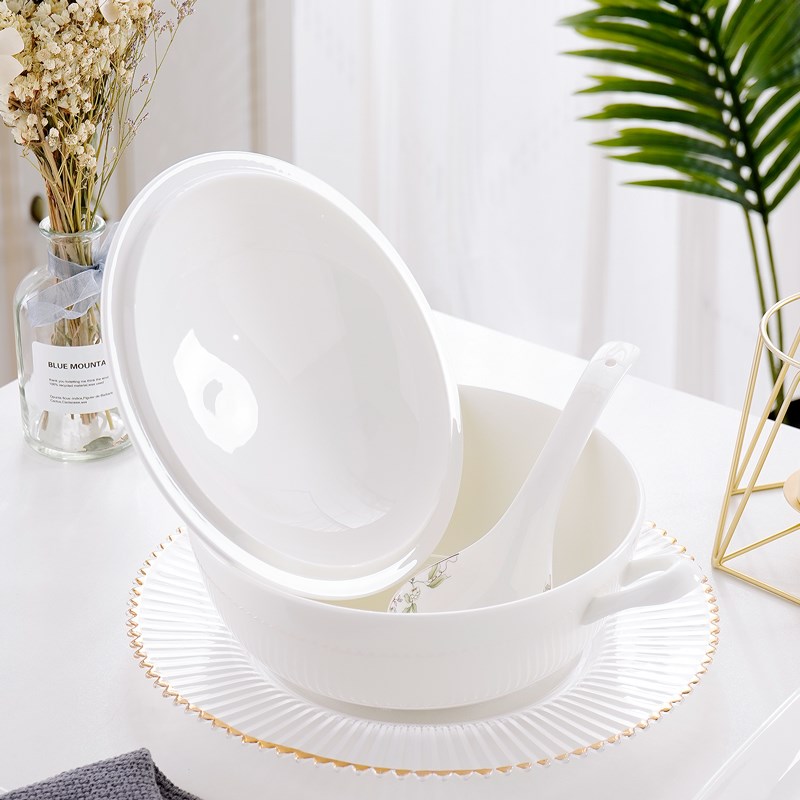 创意骨瓷汤锅大号汤盆o家用纯白品锅双耳带盖盛汤盆餐厅酒店大汤