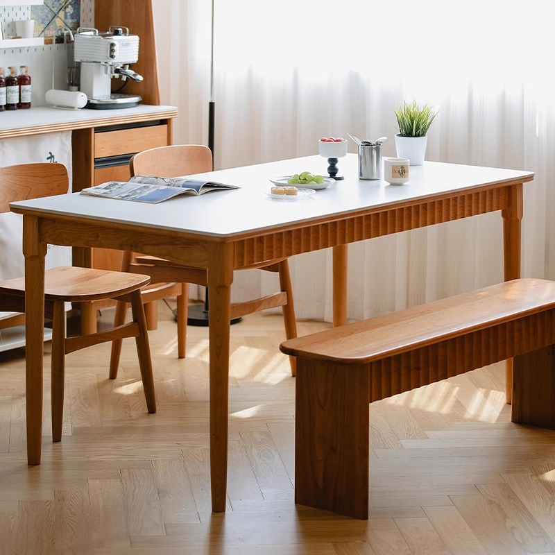 集美岩板餐桌带抽屉北欧实木日式樱桃木家用小户型餐桌椅组合