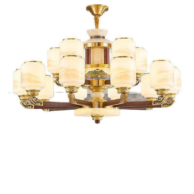 新中式客厅大吊灯铜材实木端大气复式楼酒店挑空大厅灯客厅吊灯