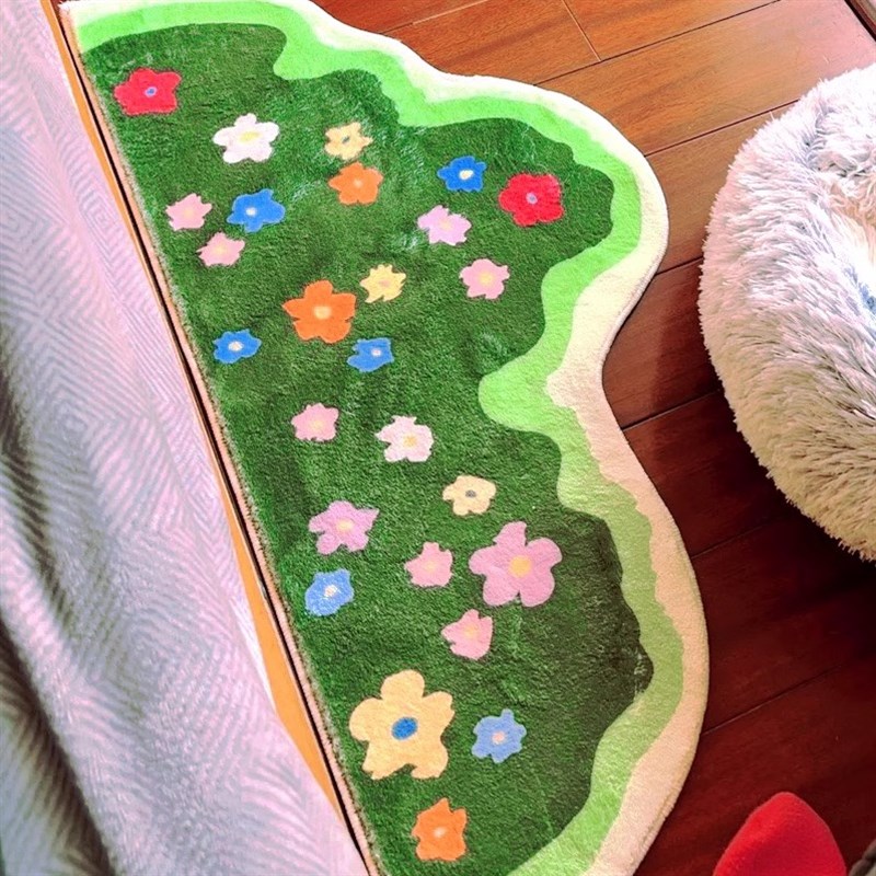 苔藓地毯小清f新卧室床边毯异形小花儿童房间毛绒绿色客厅异形地